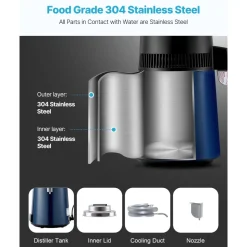 VEVOR Water Distiller, 4L 1.1 Gallon Pure Water Purifier Filter For Home Table Countertop, 1750W Distilled Maker with Glass Pot, Stainless Steel Interior Drinking Machine to Make Clean Waters, Grey