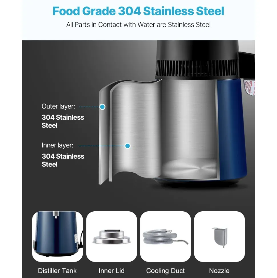 VEVOR Water Distiller, 4L 1.1 Gallon Pure Water Purifier Filter For Home Table Countertop, 1750W Distilled Maker with Glass Pot, Stainless Steel Interior Drinking Machine to Make Clean Waters, Grey