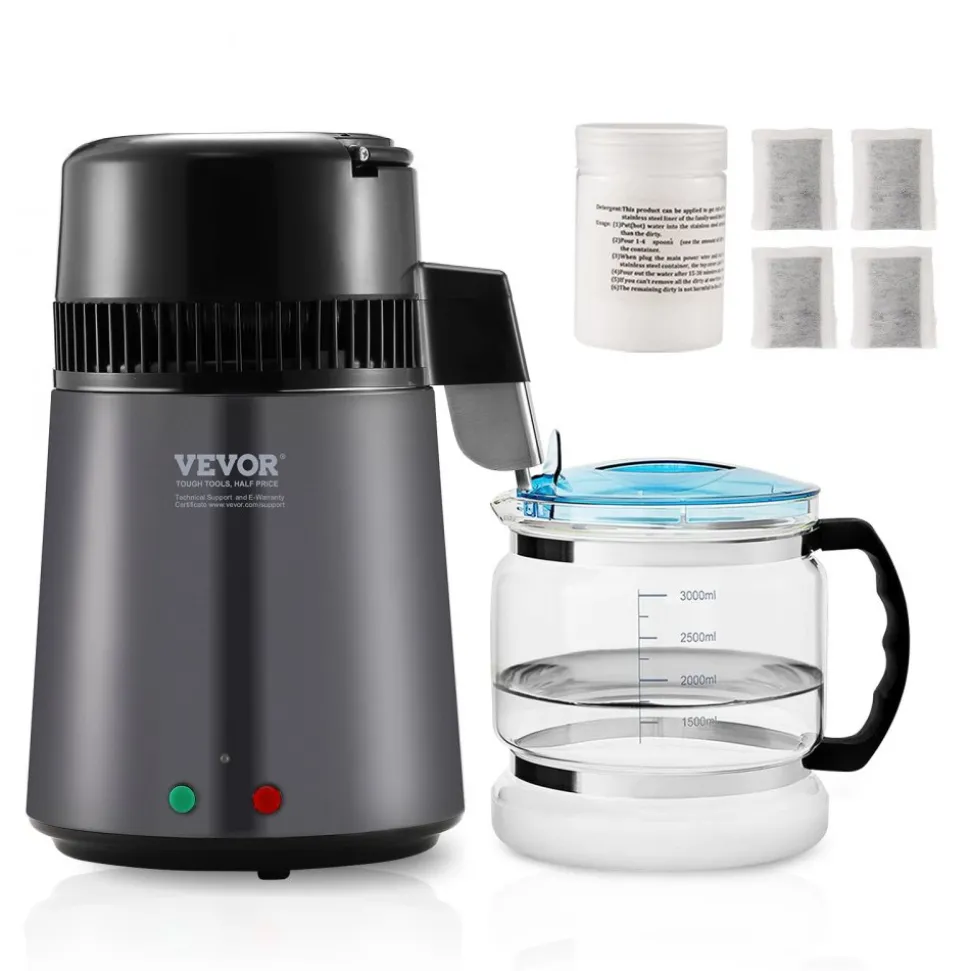 VEVOR Water Distiller, 4L 1.05 Gallon Pure Water Purifier Filter For Home Countertop, 750W Distilled Water Maker, Stainless Steel Interior Distiller Water Making Machine to Make Clean Water, Gray