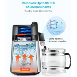 VEVOR Water Distiller, 6L 1.6 Gallon Larger Pure Water Purifier Filter For Home Table Countertop, 900W Glass Pot Distilled Maker, Stainless Steel Interior Drinking Machine to Make Clean Waters, Silver