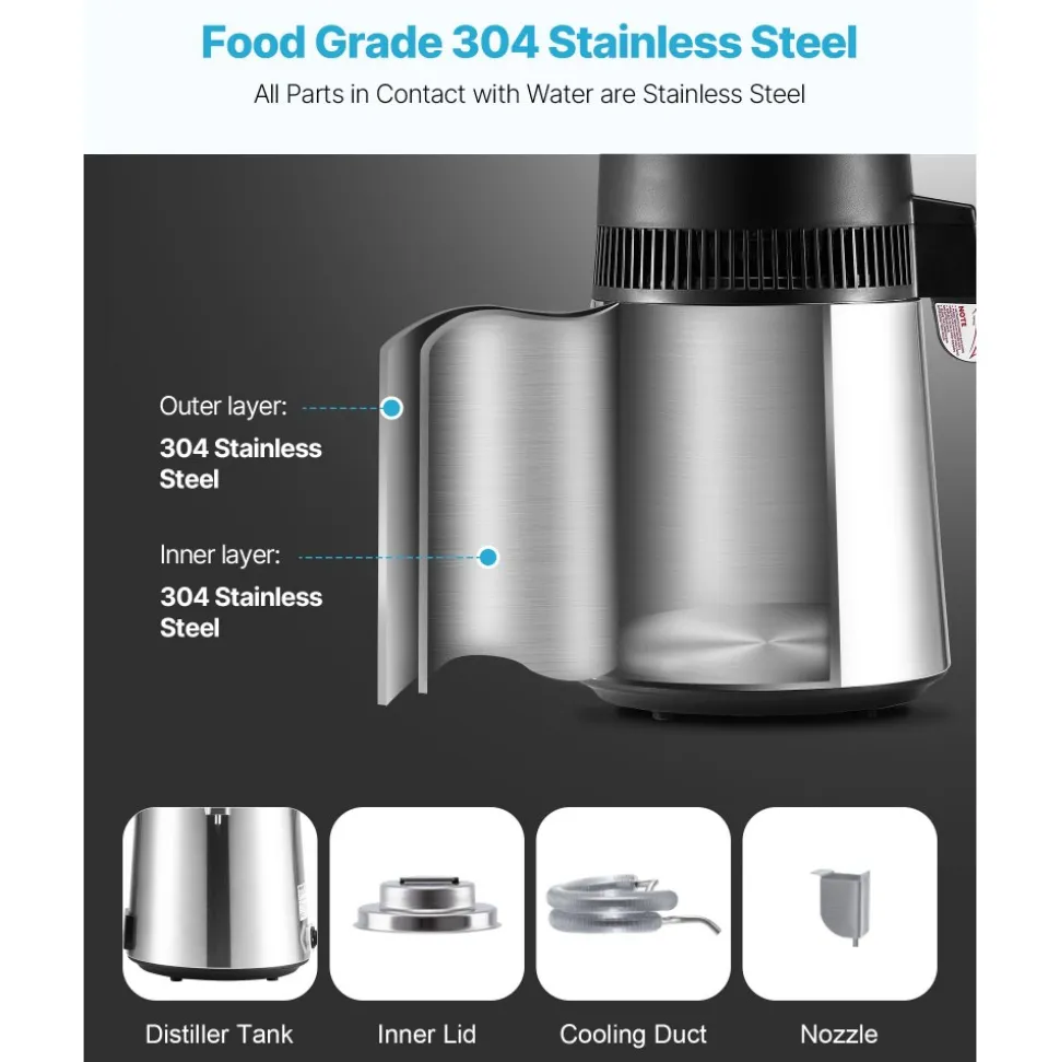 VEVOR Water Distiller, 6L 1.6 Gallon Larger Pure Water Purifier Filter For Home Table Countertop, 900W Glass Pot Distilled Maker, Stainless Steel Interior Drinking Machine to Make Clean Waters, Silver