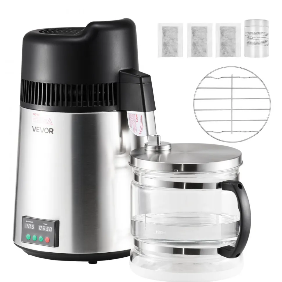 VEVOR Water Distiller, 6L 1.6 Gallon Larger Pure Water Purifier Filter For Home Table Countertop, 900W Glass Pot Distilled Maker, Stainless Steel Interior Drinking Machine to Make Clean Waters, Silver