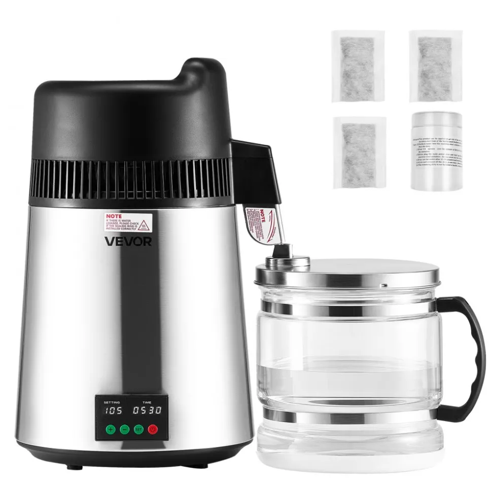 VEVOR Water Distiller, 6L 1.6 Gallon Larger Pure Water Purifier Filter For Home Table Countertop, 900W Glass Pot Distilled Maker, Stainless Steel Interior Drinking Machine to Make Clean Waters, Silver