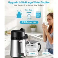 VEVOR Water Distiller, 6L 1.6 Gallon Larger Pure Water Purifier Filter For Home Table Countertop, 900W Glass Pot Distilled Maker, Stainless Steel Interior Drinking Machine to Make Clean Waters, Silver