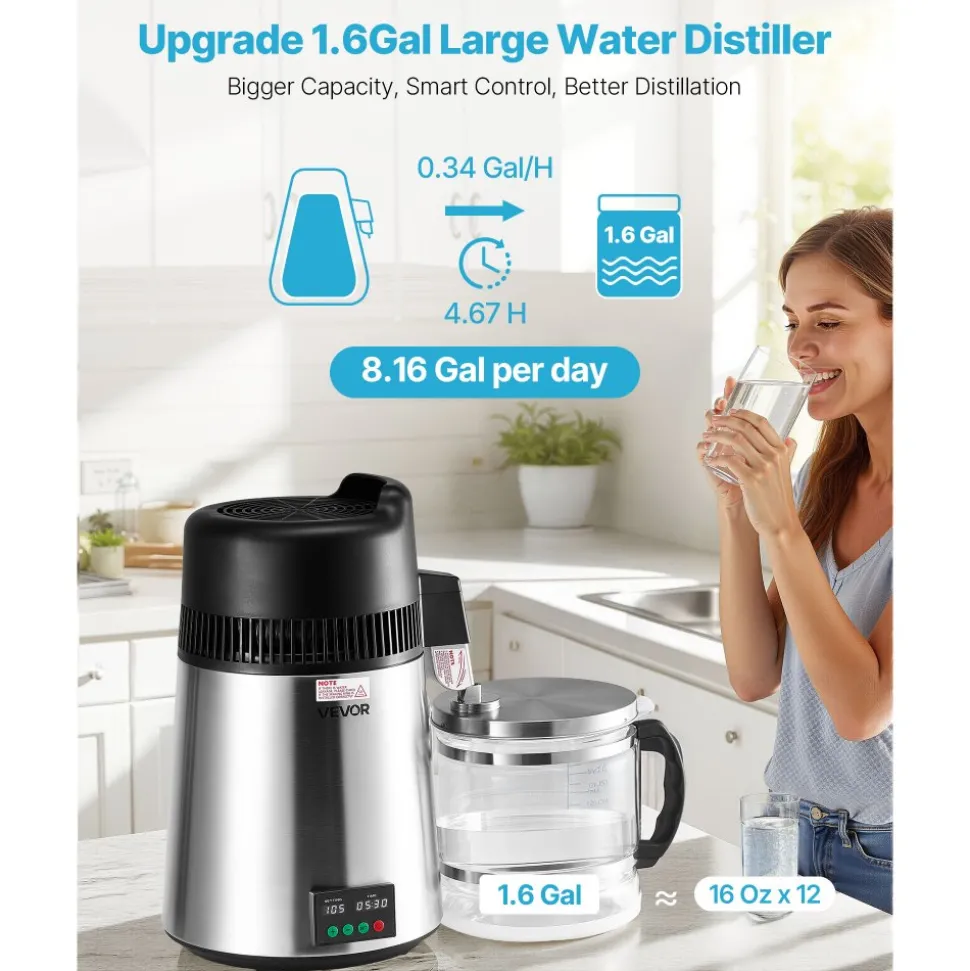 VEVOR Water Distiller, 6L 1.6 Gallon Larger Pure Water Purifier Filter For Home Table Countertop, 900W Glass Pot Distilled Maker, Stainless Steel Interior Drinking Machine to Make Clean Waters, Silver