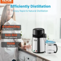 VEVOR Water Distiller, 4L 1.05 Gallon Pure Water Purifier Filter For Home Countertop, 750W Distilled Water Maker, Stainless Steel Interior Distiller Water Making Machine to Make Clean Water, Silvery