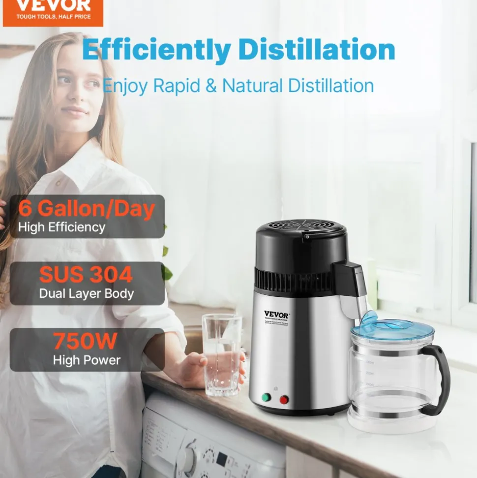 VEVOR Water Distiller, 4L 1.05 Gallon Pure Water Purifier Filter For Home Countertop, 750W Distilled Water Maker, Stainless Steel Interior Distiller Water Making Machine to Make Clean Water, Silvery