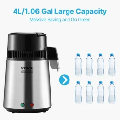 VEVOR Water Distiller, 4L 1.05 Gallon Pure Water Purifier Filter For Home Countertop, 750W Distilled Water Maker, Stainless Steel Interior Distiller Water Making Machine to Make Clean Water, Silvery