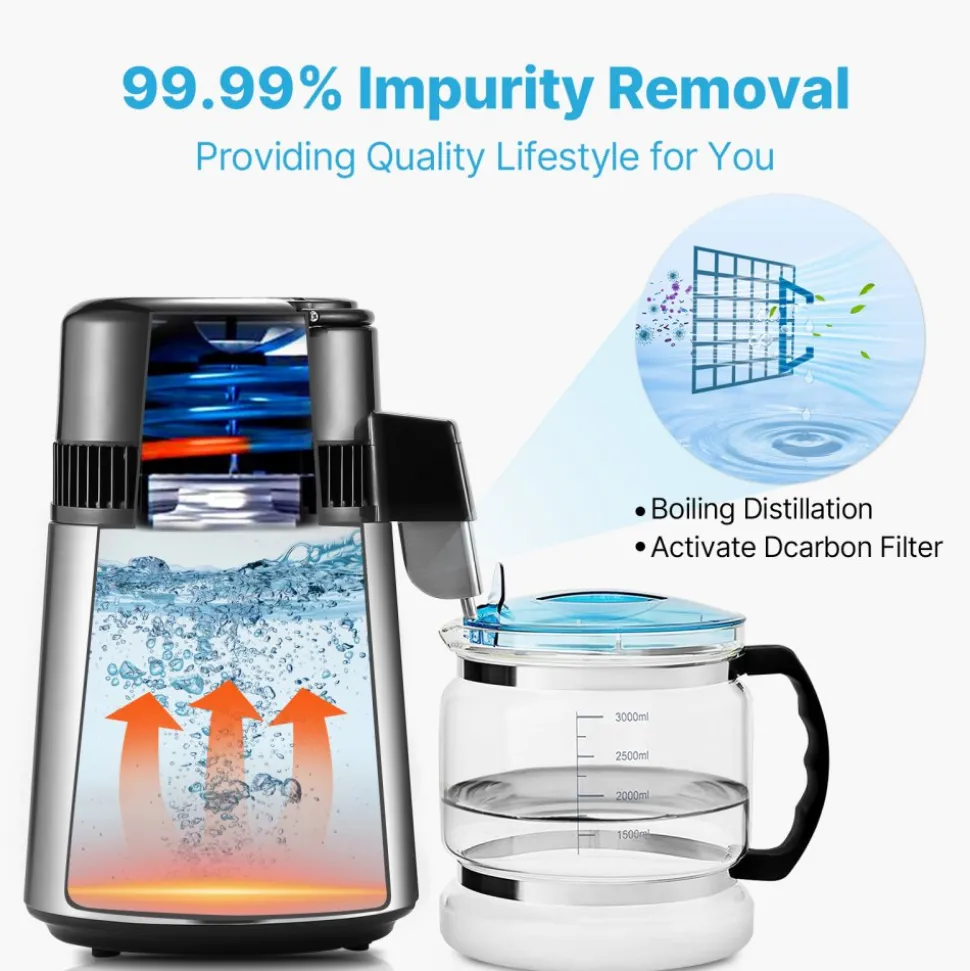 VEVOR Water Distiller, 4L 1.05 Gallon Pure Water Purifier Filter For Home Countertop, 750W Distilled Water Maker, Stainless Steel Interior Distiller Water Making Machine to Make Clean Water, Silvery