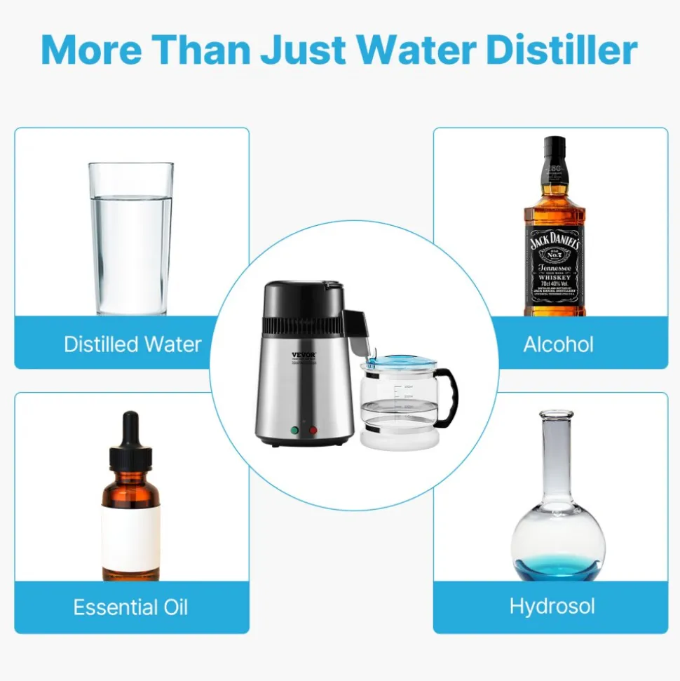 VEVOR Water Distiller, 4L 1.05 Gallon Pure Water Purifier Filter For Home Countertop, 750W Distilled Water Maker, Stainless Steel Interior Distiller Water Making Machine to Make Clean Water, Silvery