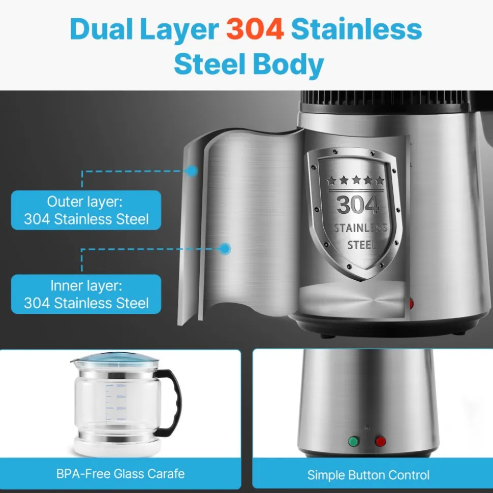 VEVOR Water Distiller, 4L 1.05 Gallon Pure Water Purifier Filter For Home Countertop, 750W Distilled Water Maker, Stainless Steel Interior Distiller Water Making Machine to Make Clean Water, Silvery