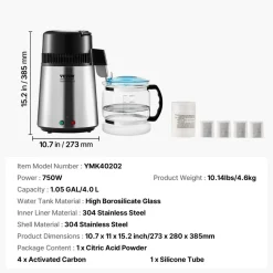 VEVOR Water Distiller, 4L 1.05 Gallon Pure Water Purifier Filter For Home Countertop, 750W Distilled Water Maker, Stainless Steel Interior Distiller Water Making Machine to Make Clean Water, Silvery