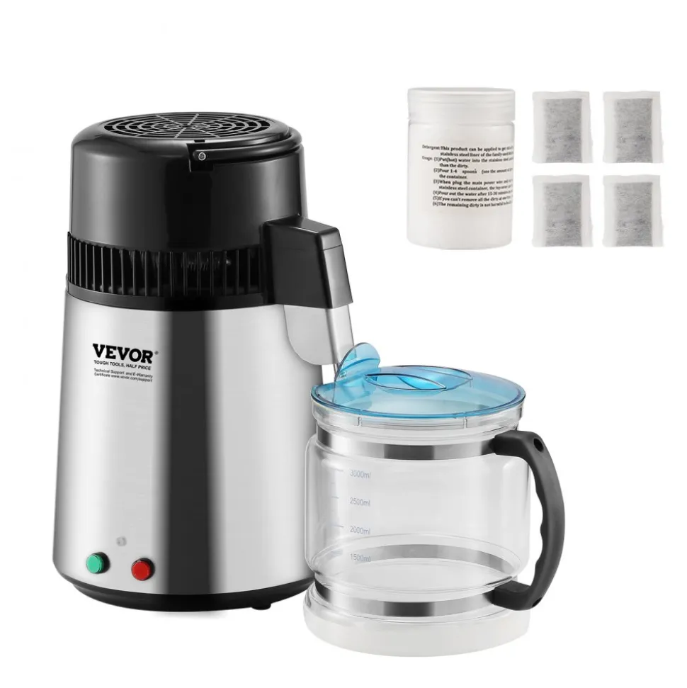 VEVOR Water Distiller, 4L 1.05 Gallon Pure Water Purifier Filter For Home Countertop, 750W Distilled Water Maker, Stainless Steel Interior Distiller Water Making Machine to Make Clean Water, Silvery