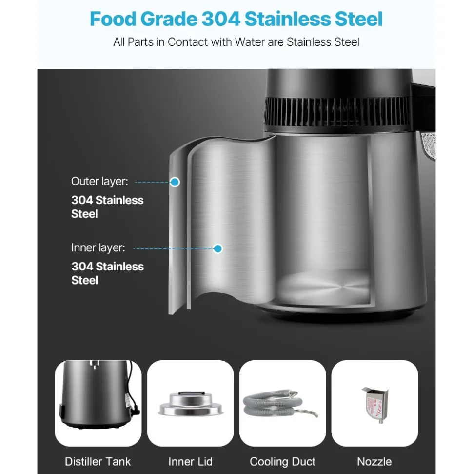 VEVOR Water Distiller, 6L 1.6 Gallon Larger Pure Water Purifier Filter For Home Table Countertop, 900W Glass Pot Distilled Maker, Stainless Steel Interior Drinking Machine to Make Clean Waters