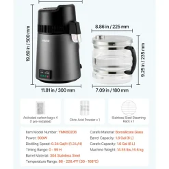VEVOR Water Distiller, 6L 1.6 Gallon Larger Pure Water Purifier Filter For Home Table Countertop, 900W Glass Pot Distilled Maker, Stainless Steel Interior Drinking Machine to Make Clean Waters