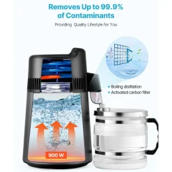 VEVOR Water Distiller, 6L 1.6 Gallon Larger Pure Water Purifier Filter For Home Table Countertop, 900W Glass Pot Distilled Maker, Stainless Steel Interior Drinking Machine to Make Clean Waters