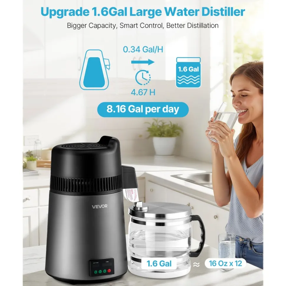 VEVOR Water Distiller, 6L 1.6 Gallon Larger Pure Water Purifier Filter For Home Table Countertop, 900W Glass Pot Distilled Maker, Stainless Steel Interior Drinking Machine to Make Clean Waters