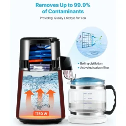 VEVOR Water Distiller, 4L 1.1 Gallon Pure Water Purifier Filter For Home Table Countertop, 1750W Distilled Maker with Glass Pot, Stainless Steel Interior Drinking Machine to Make Clean Waters, Red