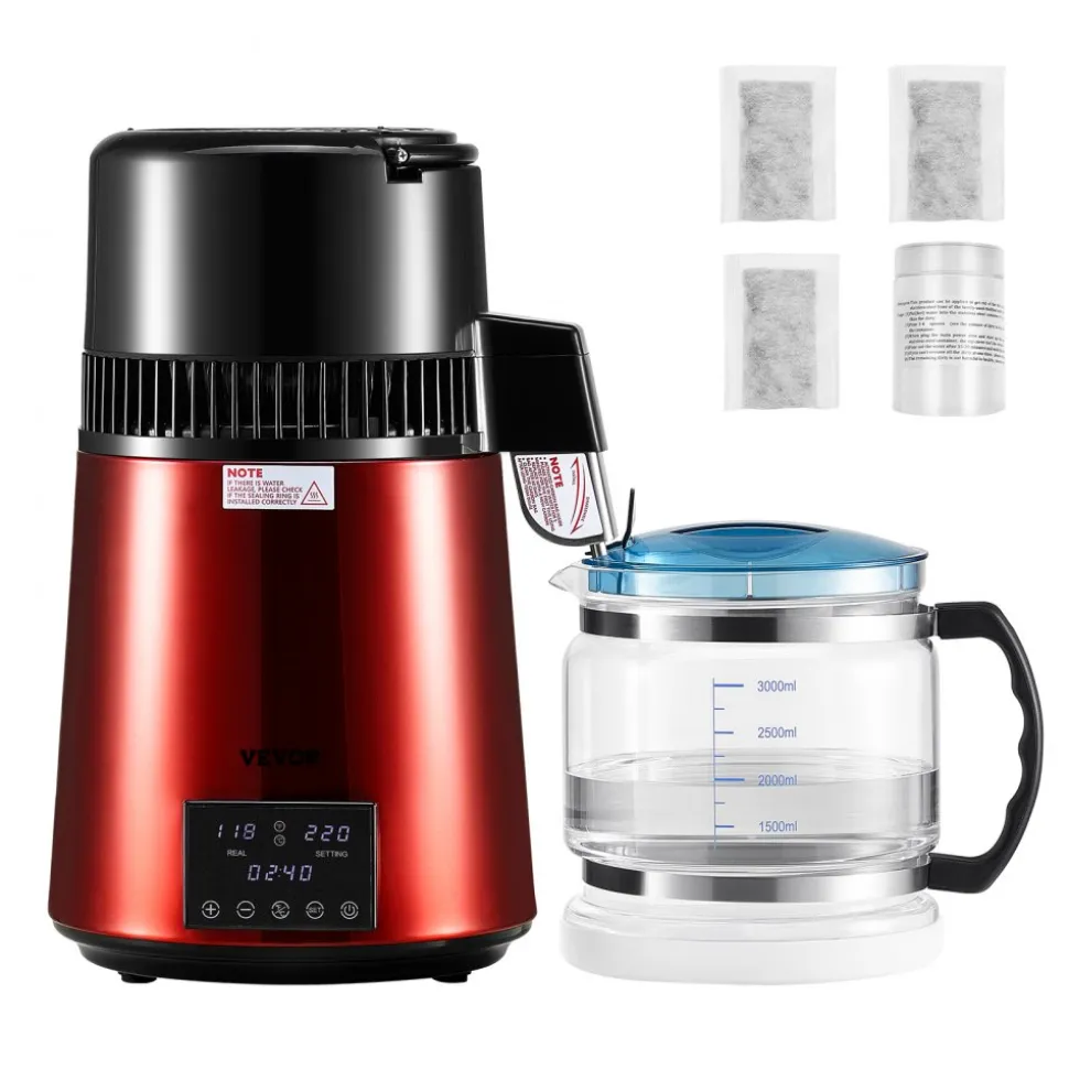 VEVOR Water Distiller, 4L 1.1 Gallon Pure Water Purifier Filter For Home Table Countertop, 1750W Distilled Maker with Glass Pot, Stainless Steel Interior Drinking Machine to Make Clean Waters, Red