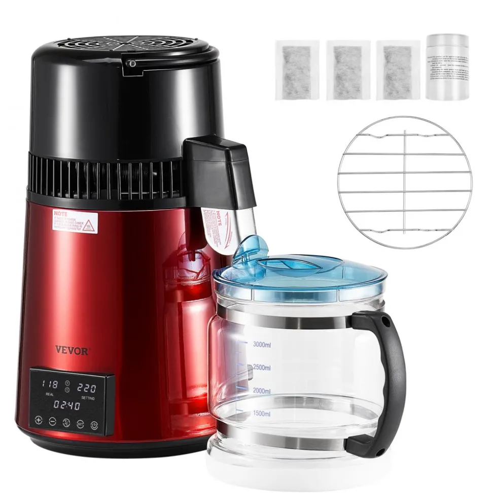 VEVOR Water Distiller, 4L 1.1 Gallon Pure Water Purifier Filter For Home Table Countertop, 1750W Distilled Maker with Glass Pot, Stainless Steel Interior Drinking Machine to Make Clean Waters, Red