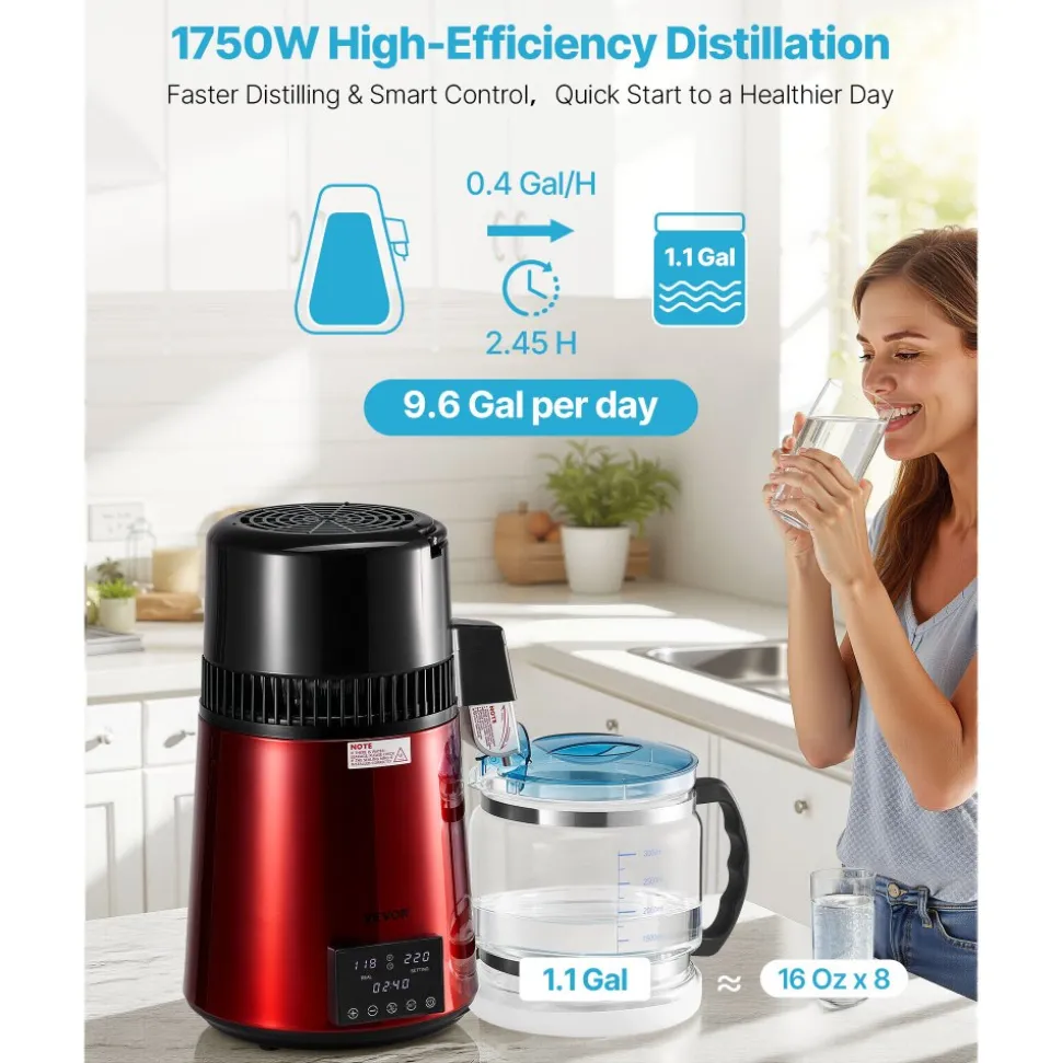 VEVOR Water Distiller, 4L 1.1 Gallon Pure Water Purifier Filter For Home Table Countertop, 1750W Distilled Maker with Glass Pot, Stainless Steel Interior Drinking Machine to Make Clean Waters, Red