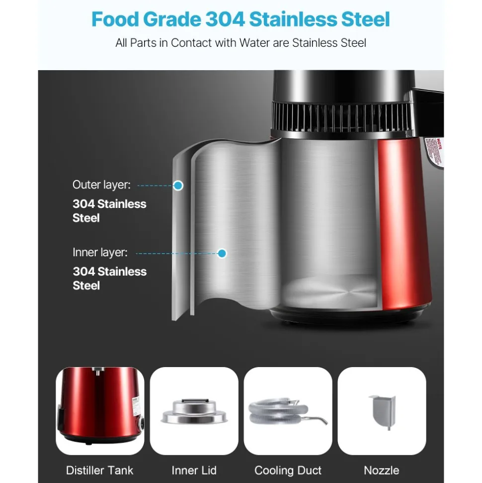 VEVOR Water Distiller, 4L 1.1 Gallon Pure Water Purifier Filter For Home Table Countertop, 1750W Distilled Maker with Glass Pot, Stainless Steel Interior Drinking Machine to Make Clean Waters, Red