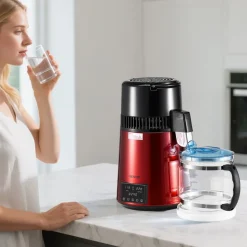 VEVOR Water Distiller, 4L 1.1 Gallon Pure Water Purifier Filter For Home Table Countertop, 1750W Distilled Maker with Glass Pot, Stainless Steel Interior Drinking Machine to Make Clean Waters, Red