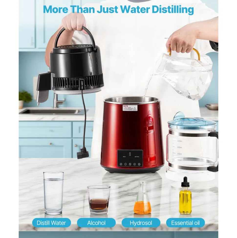 VEVOR Water Distiller, 4L 1.1 Gallon Pure Water Purifier Filter For Home Table Countertop, 1750W Distilled Maker with Glass Pot, Stainless Steel Interior Drinking Machine to Make Clean Waters, Red
