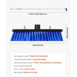 VEVOR Water Fed Pole Kit, 30FT Solar Panel Cleaning Pole with Extendable Handle, 180° Rotatable Brush Head & 65.6FT Hose, Household & Outdoor Window Cleaner Tool for Caravan Solar Panel Deck
