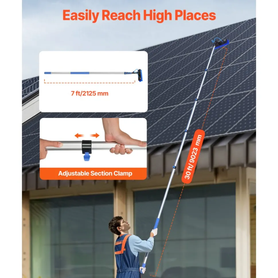 VEVOR Water Fed Pole Kit, 30FT Solar Panel Cleaning Pole with Extendable Handle, 180° Rotatable Brush Head & 65.6FT Hose, Household & Outdoor Window Cleaner Tool for Caravan Solar Panel Deck