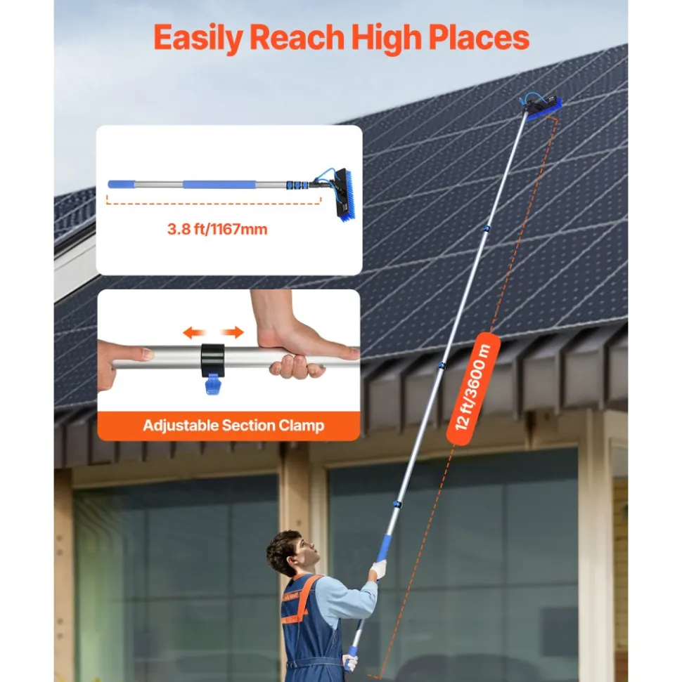 VEVOR Water Fed Pole Kit, 12FT Solar Panel Cleaning Pole with Extendable Handle, 180° Rotatable Brush Head & 65.6FT Hose, Household & Outdoor Window Cleaner Tool for Caravan Solar Panel Deck