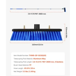 VEVOR Water Fed Pole Kit, 12FT Solar Panel Cleaning Pole with Extendable Handle, 180° Rotatable Brush Head & 65.6FT Hose, Household & Outdoor Window Cleaner Tool for Caravan Solar Panel Deck
