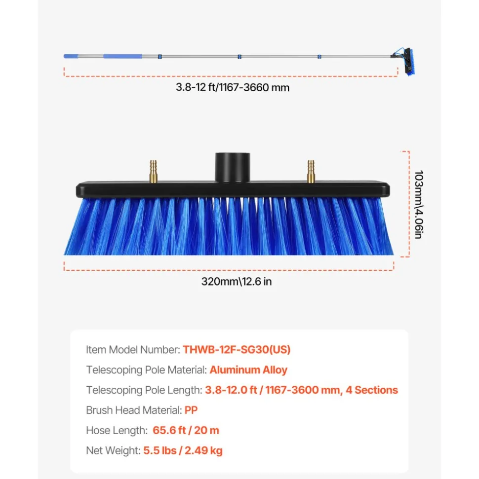 VEVOR Water Fed Pole Kit, 12FT Solar Panel Cleaning Pole with Extendable Handle, 180° Rotatable Brush Head & 65.6FT Hose, Household & Outdoor Window Cleaner Tool for Caravan Solar Panel Deck