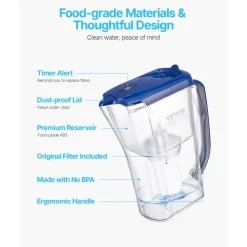 VEVOR Water Filter Pitcher, 9 Cup 5-stage Water Filter Dispenser, Fast Filtration System with Filter Change Indicator, No BPA, Lasts 3 Months or 40 Gallons, Reduces Limescale, Lead, Chlorine, Odors