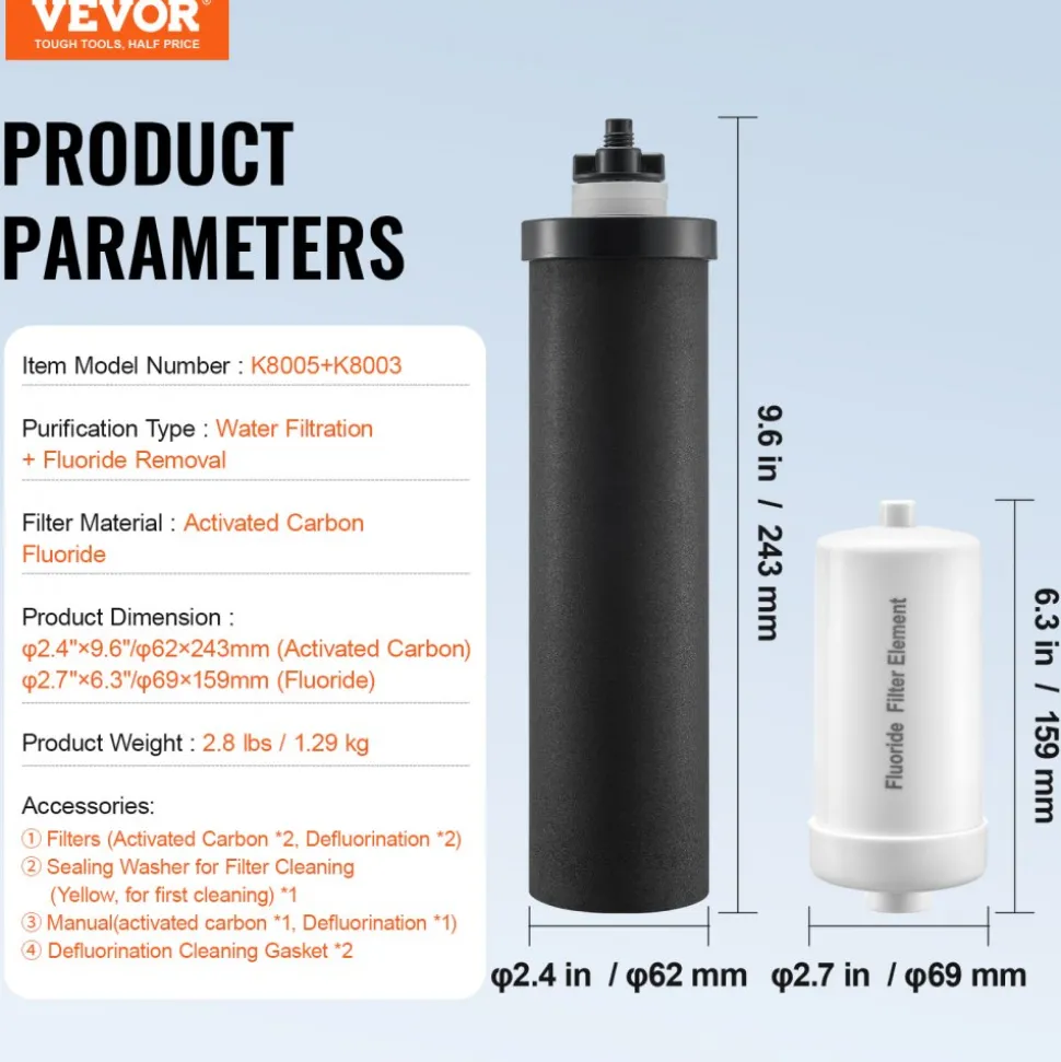 VEVOR Water Filters Replacement, Purification Elements, Replacement Filters, Gravity Water Filter System, Compatible with Most Brands, Pack of 4 (2 Activated Carbon Filter + 2 Defluorination Filter)