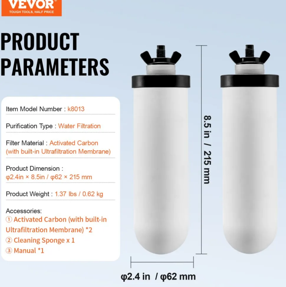 VEVOR Water Filters Replacement, Purification Elements, Ceramic Replacement Filters, Easy to Replace Water Filter, Gravity Water Filter System, Compatible with Most Brands, Pack of 2, White