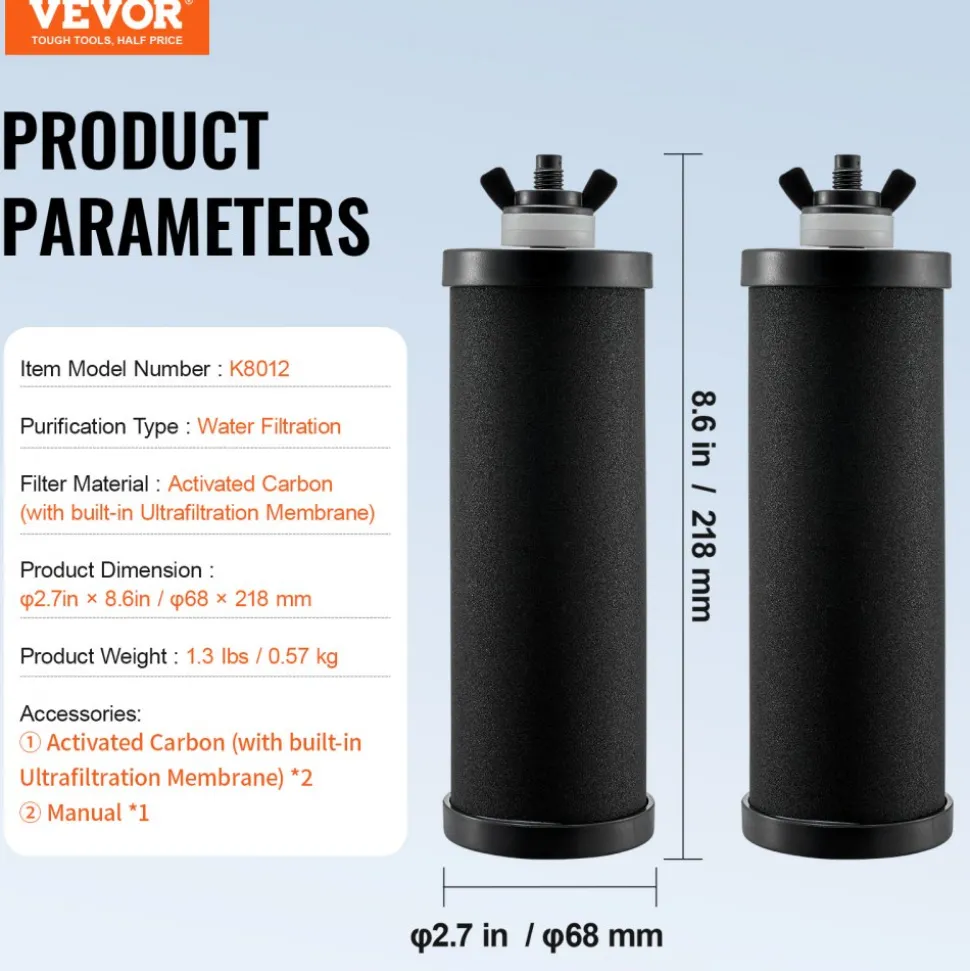 VEVOR Water Filters Replacement, Purification Elements, Activated Carbon Replacement Filters, Easy to Replace Water Filter, Gravity Water Filter System, Compatible with Most Brands, Pack of 2, Black