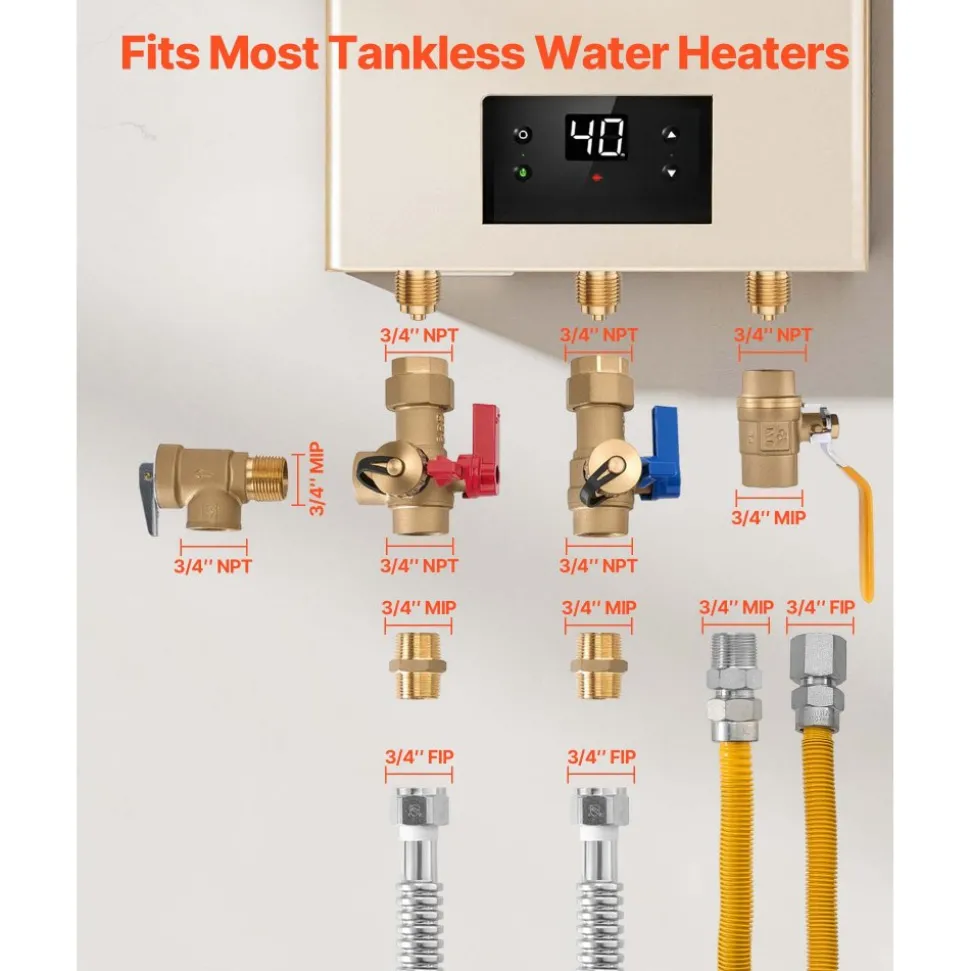 VEVOR Water Heater Kit, 3/4 Inch Cold & Hot Water Plumbing Repair Kit with 600 WOG Isolation Valves, Pressure Relief Valve, Ball Valve, Gas Hose, Compatible with Most Tankless Waters Heater Brands