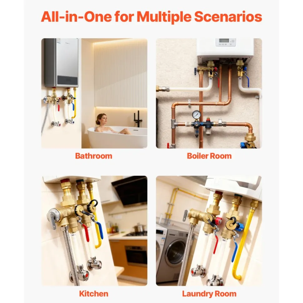 VEVOR Water Heater Kit, 3/4 Inch Tankless Water Heater Service Valve Kit with 2PCS 3/4″ NPT to 3/4″ PEX-B Isolation Valves, Pressure Relief Valve, Lead-Free Brass, Fits Most Tankless Waters Heaters