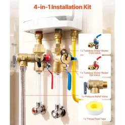 VEVOR Water Heater Kit, 3/4 Inch Tankless Water Heater Service Valve Kit with 2PCS 3/4″ NPT to 3/4″ PEX-B Isolation Valves, Pressure Relief Valve, Lead-Free Brass, Fits Most Tankless Waters Heaters