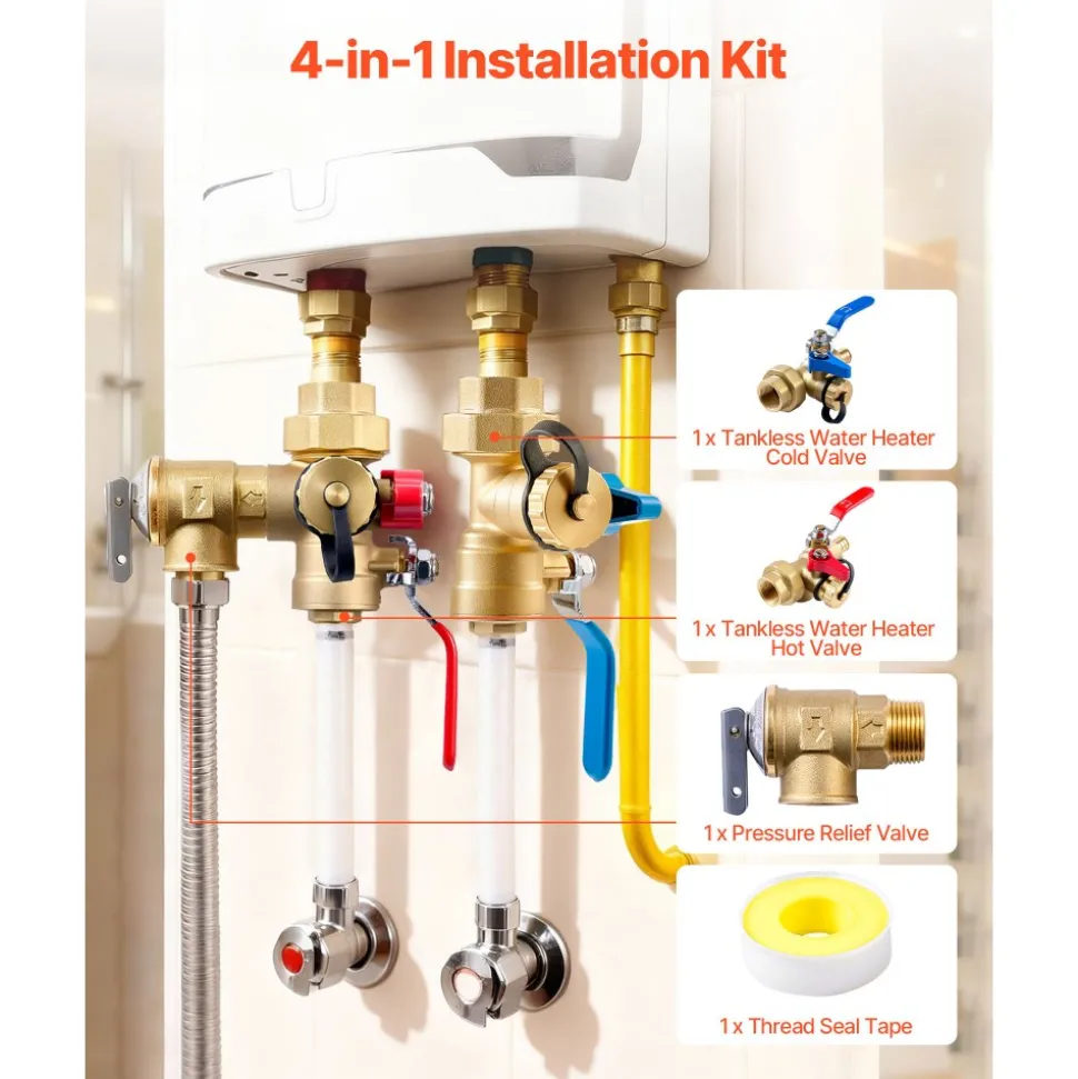 VEVOR Water Heater Kit, 3/4 Inch Tankless Water Heater Service Valve Kit with 2PCS 3/4″ NPT to 3/4″ PEX-B Isolation Valves, Pressure Relief Valve, Lead-Free Brass, Fits Most Tankless Waters Heaters
