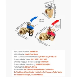 VEVOR Water Heater Kit, 3/4 Inch Tankless Water Heater Service Valve Kit with 2PCS 3/4″ NPT to 3/4″ PEX-B Isolation Valves, Pressure Relief Valve, Lead-Free Brass, Fits Most Tankless Waters Heaters