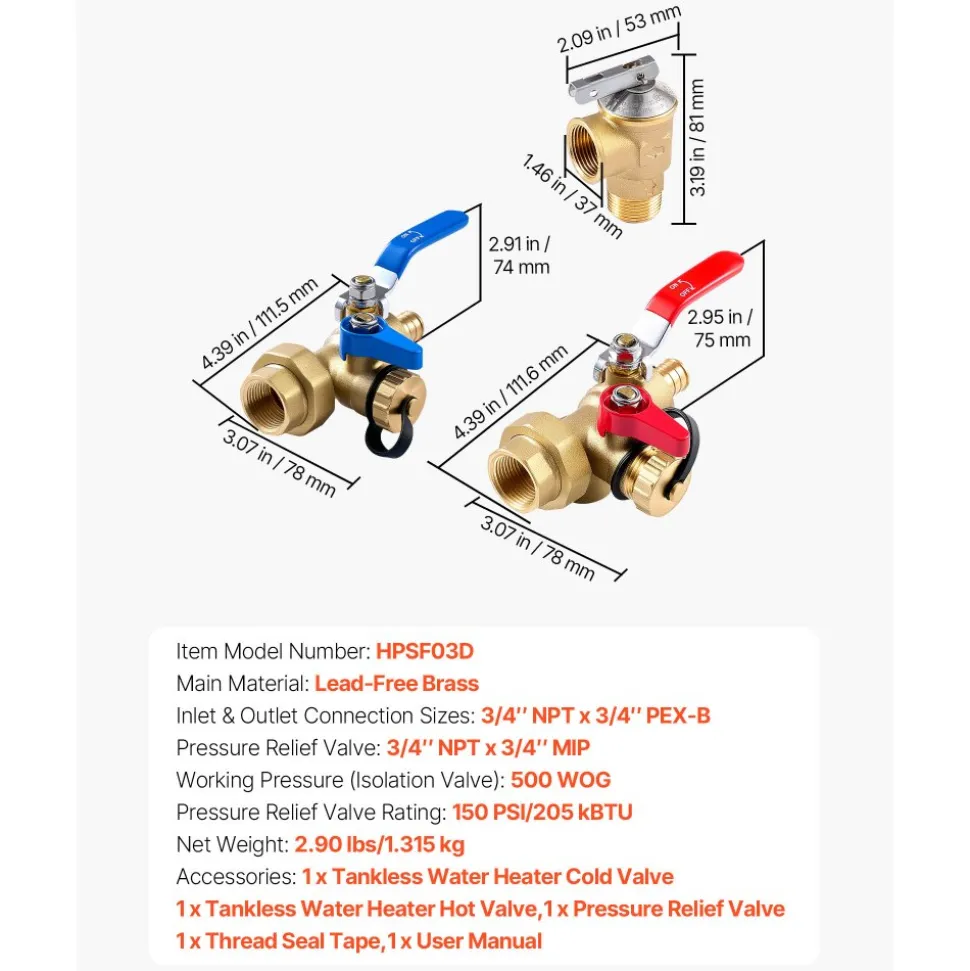 VEVOR Water Heater Kit, 3/4 Inch Tankless Water Heater Service Valve Kit with 2PCS 3/4″ NPT to 3/4″ PEX-B Isolation Valves, Pressure Relief Valve, Lead-Free Brass, Fits Most Tankless Waters Heaters