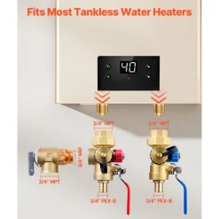 VEVOR Water Heater Kit, 3/4 Inch Tankless Water Heater Service Valve Kit with 2PCS 3/4″ NPT to 3/4″ PEX-B Isolation Valves, Pressure Relief Valve, Lead-Free Brass, Fits Most Tankless Waters Heaters