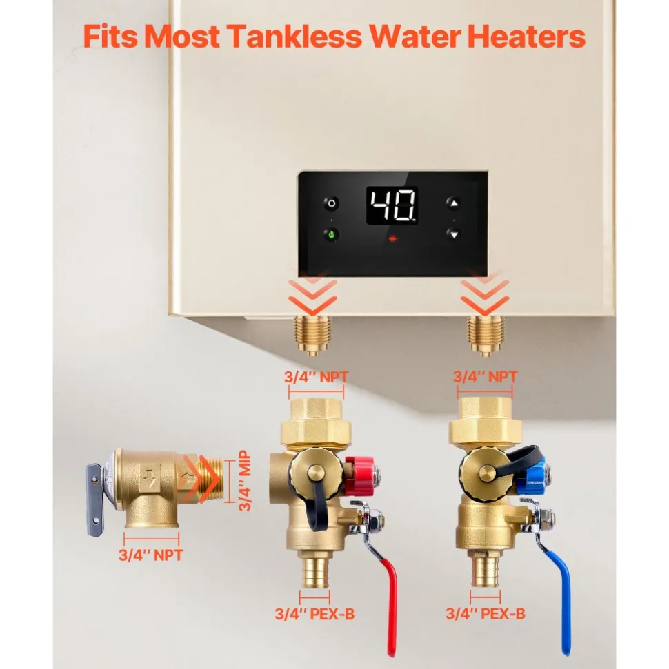 VEVOR Water Heater Kit, 3/4 Inch Tankless Water Heater Service Valve Kit with 2PCS 3/4″ NPT to 3/4″ PEX-B Isolation Valves, Pressure Relief Valve, Lead-Free Brass, Fits Most Tankless Waters Heaters