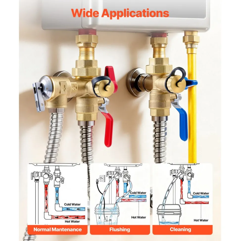 VEVOR Water Heater Kit, 3/4 Inch Tankless Water Heater Service Valve Kit with 2PCS 3/4″ NPT to 3/4″ NPT Isolation Valves, Pressure Relief Valve, Lead-Free Brass, Fits Most Tankless Waters Heaters