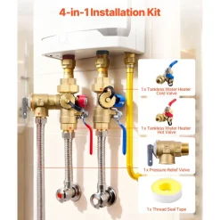 VEVOR Water Heater Kit, 3/4 Inch Tankless Water Heater Service Valve Kit with 2PCS 3/4″ NPT to 3/4″ NPT Isolation Valves, Pressure Relief Valve, Lead-Free Brass, Fits Most Tankless Waters Heaters