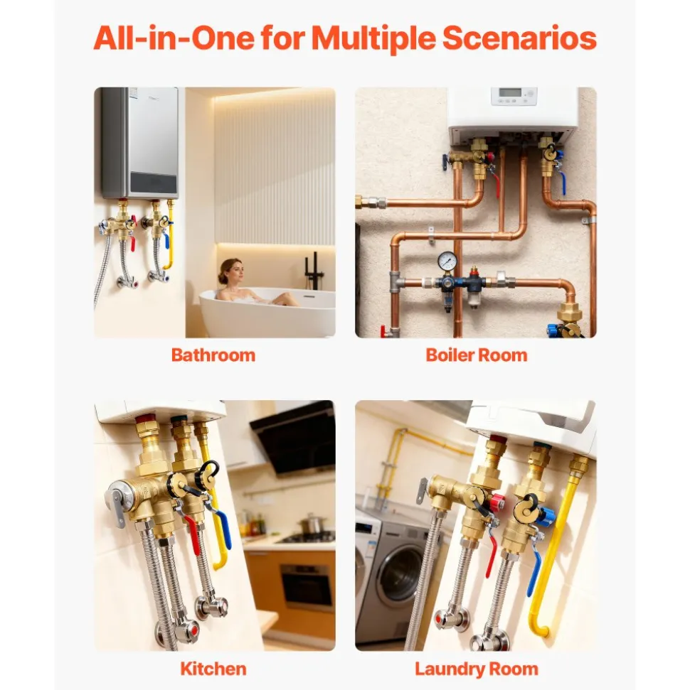 VEVOR Water Heater Kit, 3/4 Inch Tankless Water Heater Service Valve Kit with 2PCS 3/4″ NPT to 3/4″ NPT Isolation Valves, Pressure Relief Valve, Lead-Free Brass, Fits Most Tankless Waters Heaters