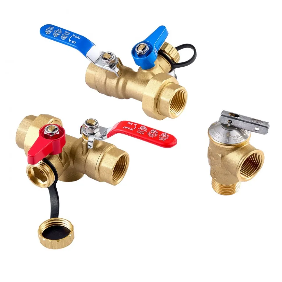 VEVOR Water Heater Kit, 3/4 Inch Tankless Water Heater Service Valve Kit with 2PCS 3/4″ NPT to 3/4″ NPT Isolation Valves, Pressure Relief Valve, Lead-Free Brass, Fits Most Tankless Waters Heaters