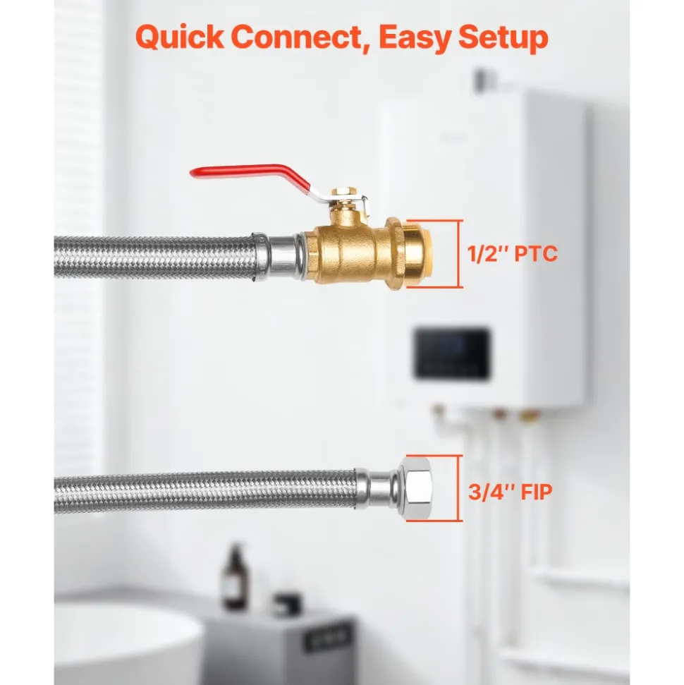 VEVOR Water Heater Kit, Push-Fit Valve Flexible Water Heater Connector with 3/4" FIP x 1/2" PTC Ball Valve, Stainless Steel Braided Waters Heaters Supply Line for Bathroom, Kitchen, Laundry Room
